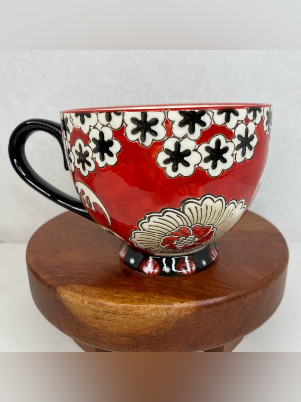 Anthropologie Dutch Wax Coastline Imports Hand-Painted Red Black Floral Mug